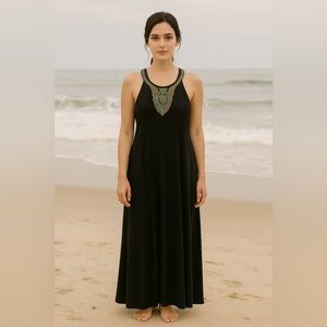 Peppermint Bay Black Beaded Maxi Dress | Boho Embroidered Style | Size M
B019
